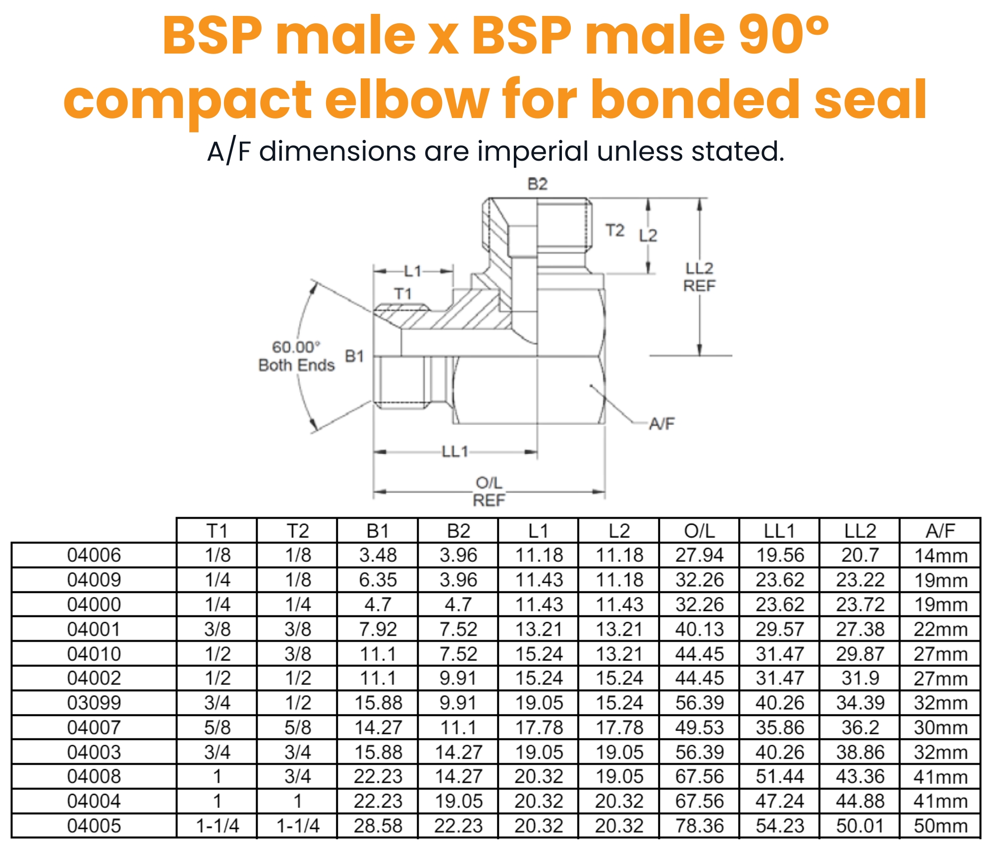 1/8 BSP M/M 90° Compact For Bonded Seal Hydraulic Adaptor